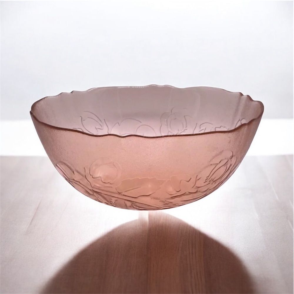Vintage Pink Glass RAISED Floral & VINE Scalloped Edge Serving Bowl